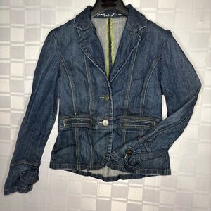 Dark Blue Denim Jacket - Fitted Women's Blazer Lime green stitch